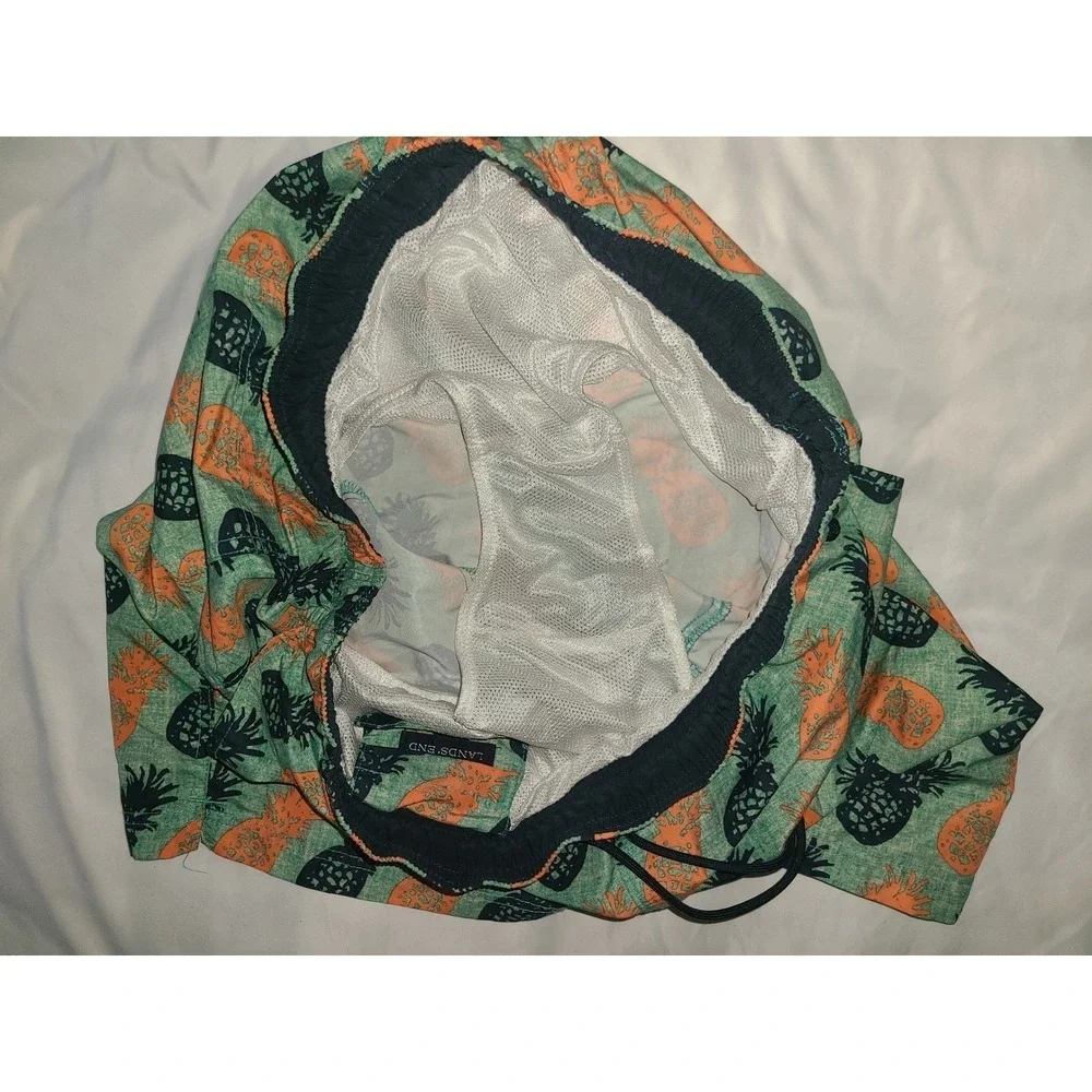 Lands End Swim Trunks Large 36-38 Green Pineapple Print Drawstring Mesh Lined